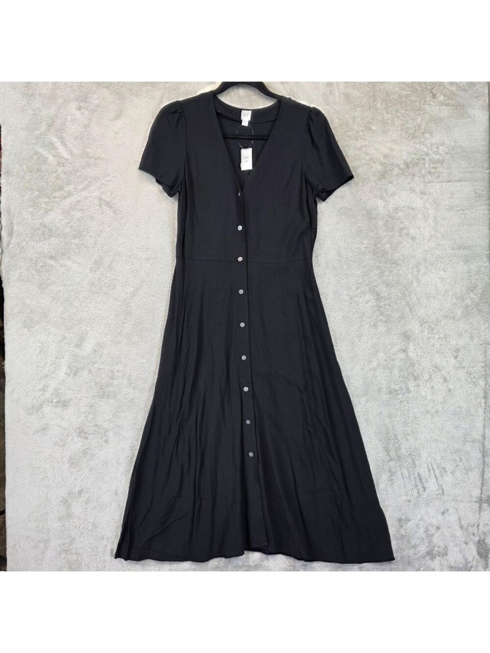 Gap Dress Womens XS Petite Black V Neck Button Front Midi Fit Flare Short Sleeve